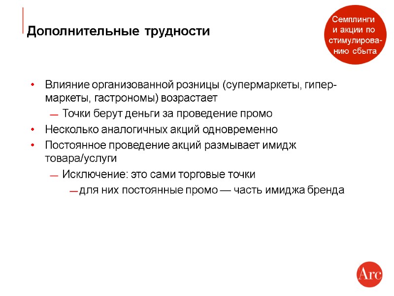 Дополнительные трудности Влияние организованной розницы (супермаркеты, гипер-маркеты, гастрономы) возрастает Точки берут деньги за проведение